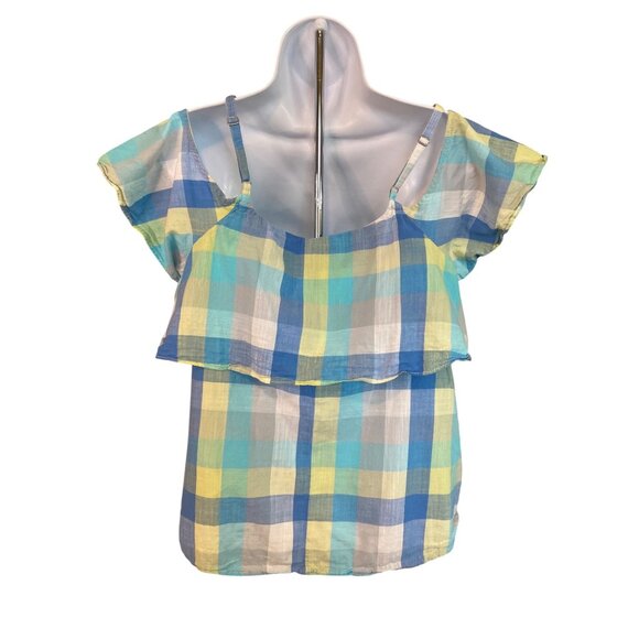 Bobeau Y2K Plaid Cold Shoulder Ruffle Top L Blue Yellow Preppy Boho Chic - Picture 2 of 7